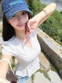 法式蕾丝边短袖修身衬衫，甜美夏季优雅修身系带上衣 - 白色 - 查看 4