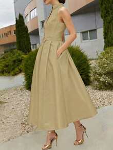 Elegant Women's Dress With A Tie Waist And A-Line Silhouette, New Spring/Summer And Fall/Summer Styles, Sleeveless With A V-Neck, Suitable For The Office Or Everyday Wear In Black. - 卡其色 - 查看 3