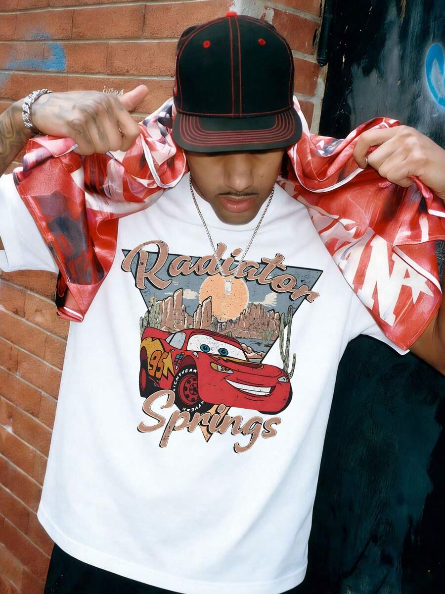 Disney-American Retro Vintage Style | "Cars" Lightning McQueen Radiator Springs Printed Short Sleeved T-Shirt - 白色 - 查看 1
