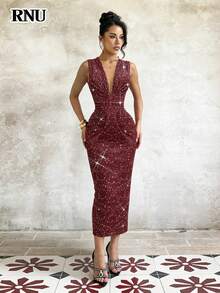 RNU Women's Sexy Glossy Burgundy Party/Date/Halloween/Christmas Dress, Nightclub Holiday Valentine's Day New Year Concert Outfit, Banquet Birthday Club Dress, Women's V-Neck Sleeveless Elegant Cute High Stretch Soft Comfortable Fitted Slit Dress - Burgundy - View 8