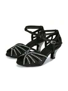 1 Pair Black Rhinestone Embellished Comfortable Mid-Heel Latin Dance Shoes - Black - View 1