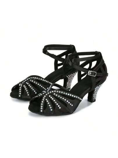 1 Pair Black Rhinestone Embellished Comfortable Mid-Heel Latin Dance Shoes