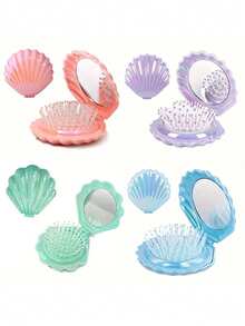 1pc Foldable Shell-Shaped Travel Handheld Mirror Comb, With Mirror, Wet & Dry Use, Portable Makeup Mirror Comb, Comb, Hairstyling Tool, Salon Hairdressing Product And Accessory, Beauty Travel Essential, Back To School, Travel Holiday Must-Have, Women Hairstyling Accessory - Royal Blue - View 2