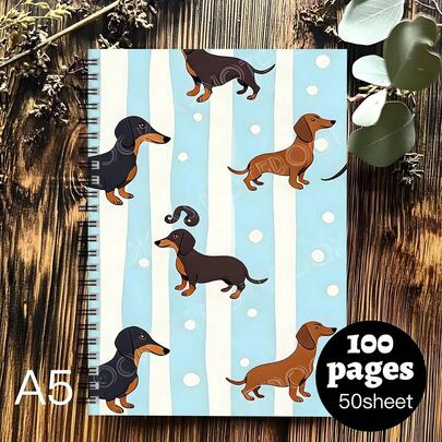 1本可爱腊肠犬图案螺旋笔记本，清新蓝白条纹搭配波点元素，设计萌趣十足。适合工作记录、学习笔记、日常学习使用，也是毕业、生日的贴心礼物，可用作日记、日程规划、备忘录，为书写增添乐趣。