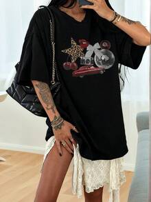 Camiseta de mujer de estilo vintage con temática de automóviles, cuello redondo, manga corta, decorada con bola de discoteca y patrones de cerezas, top de estilo casual para uso diario en color blanco - Negro - Ver 6