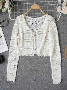 复古柔软V领针织开衫，镂空纹理设计，度假照片氛围上衣，春季款 - 乳白色 - 查看 4