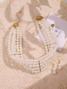 1pc Minimalist Multi-Layer Necklace, 1 Pair Pearl Earrings, 1 Set Jewelry Set. Elegant Faux Pearl Choker Necklace + Earrings Jewelry Set, Suitable For Women's Daily, Party, Or As A Perfect Gift - White - View 5