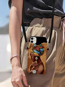 非洲女孩印花图案 2D 双面印花时尚可调节肩带斜挎手机包、斜挎钱包、钥匙包、单肩手机包，人造革材质，可调节肩带，适合日常出行，男女通用，适合假日、生日礼物 - 彩色 - 查看 6