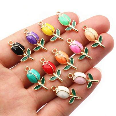 14pcs 21x10mm Enamel Rose Flower Charms Pendant Alloy Metal Cute Flowers DIY Jewelry Making Accessories For Necklace Earrings