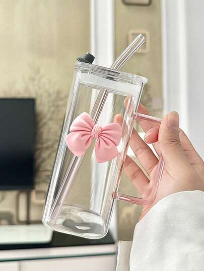 1PC Transparent Glass Drinking Tumbler With Pink Bow,Style Water Bottle With Handle And Glass Straw, Cute Reusable Glass Water Cup With Lid And Straw, Perfect For Iced Coffee, Tea, Juice, And Smoothies, Ideal For School, Work, Home, And Office