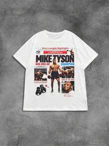 Mike Tyson American Retro Heavyweight Classic Moment Graphic T-Shirt, Comfortable And Casual Short-Sleeved, 200g Pure Cotton Printed Men's T-Shirt, Fashionable, Simple And Cool, Loose Streetwear Brand, Millennium Theme, Boxing Commemorative Style, 100% Pure Cotton T-Shirt, Couple's Style. - White - View 3