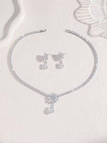 3pcs Set Zirconia Flower Teardrop Design Luxury Elegant Necklace & Earrings Jewelry Set, Suitable For Women's Daily, Wedding, Party, Holiday Gift - Silver - View 4