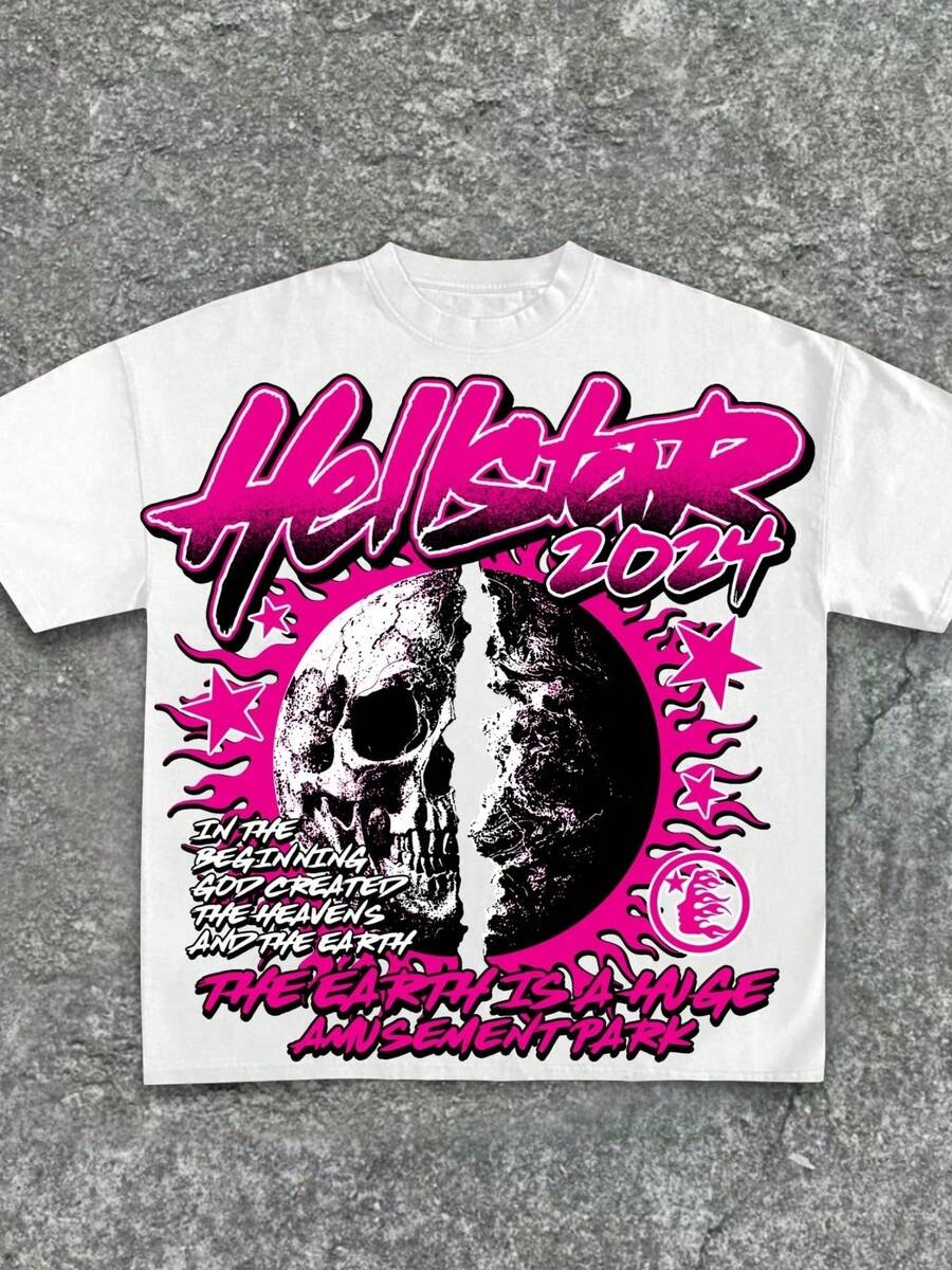 Hellstars 2024 The Earth Is A Huge Amusement Park Y2K Graphic T-Shirt,220g 100% Cotton,Round Neck Short Sleeve,White Streetwear Essential,Unisex Style - White - View 1