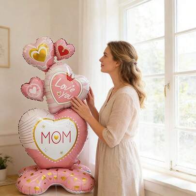 母の日の装飾、休日の装飾、パーティーの装飾、写真小物に適した、4D スタンド式特大マザーズデーバルーン、母の日ギフト、誕生日パーティーの装飾に最適なロマンチックなハート型ホイルバルーン1個入り