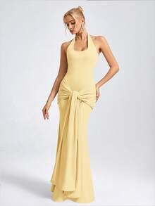 Đầm dự tiệc thanh lịch, gợi cảm cổ yếm, eo nhún, đầm dạ hội cocktail thời trang cho nữ, đầm dài kiểu đuôi cá, đầm dự tiệc cưới, đầm phù dâu, chất liệu mềm mại và co giãn tạo dáng ôm sát gợi cảm, thích hợp cho mùa xuân. - Màu Mù tạt vàng - Xem 7