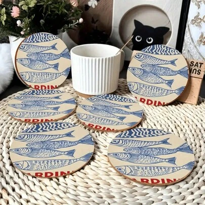 6pcs/Set Wooden Blue Sardine Pattern Coasters - Non-Slip Drink Protectors, Ideal For Birthday And Housewarming Gifts, With Abstract Retro Design, Essential For Fish Lovers, Cute Style