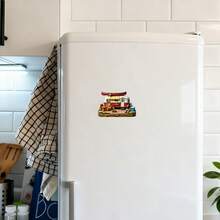 Red & White Retro Camper With Full Campsite Scene Magnet: Canoe On Roof & Yellow Awning, Wooden Deck With Campfire, Guitar, Cooler & Pots, Stone Path & Greenery – A Cozy Little Camping Base For Your Fridge - E - View 5