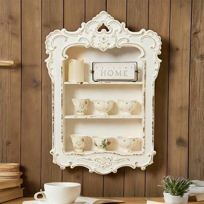 Vintage French Carved Wall Cabinet, Cream-Colored Wall Decor Storage Shelf, Retro Decoration For Living Room And Bedroom, Vintage Jewelry And Tableware Storage Cabinet, Distressed Unique Style | Wall Storage