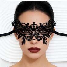 2件套蕾丝半脸面具，情侣主题化妆舞会面具，性感黑色眼罩，万圣节道具 - 黑色2件 - 查看 1
