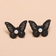 1对简约个性INS风涤纶甜美优雅百搭耳环，适合女性日常及居家佩戴 - 黑色 - 查看 4