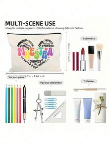 Multi-Color "Maestra" Letter & Heart Pattern Cosmetic Bag, Cute Large Capacity Storage Pouch, Daily Toiletry Makeup Bag, Multifunctional Storage Bag, Lightweight Travel Handbag, Exquisite Gift, Travel Souvenir For Friends, Essential Travel Storage Bag, Suitable For Work, School, Travel, Picnic, Camping, Outdoor Adventure, Valentine's Day Gift - Multicolor - View 10