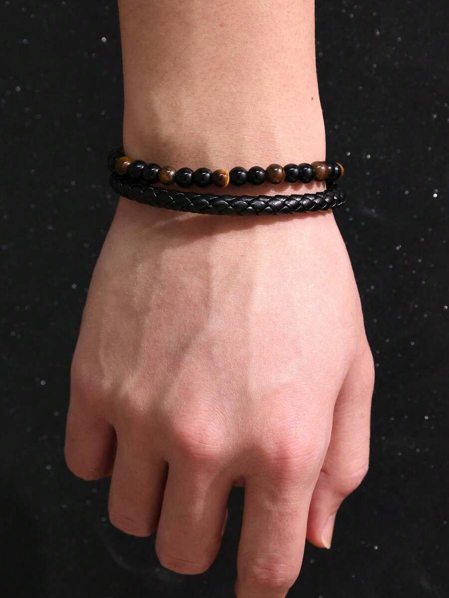 1pc Vintage Leather Tiger Eye Braided Bracelet For Men, European And American Style Tiger Eye, Volcanic, Natural Agate Multi-Layer Black Bracelet - Multicolor - View 1