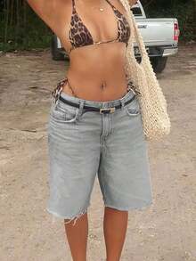 Y2K Streetwear Mid-Waist Distressed Frayed Bermuda Knee-Length Denim Shorts With Pockets - Màu Xám nhạt - Xem 3