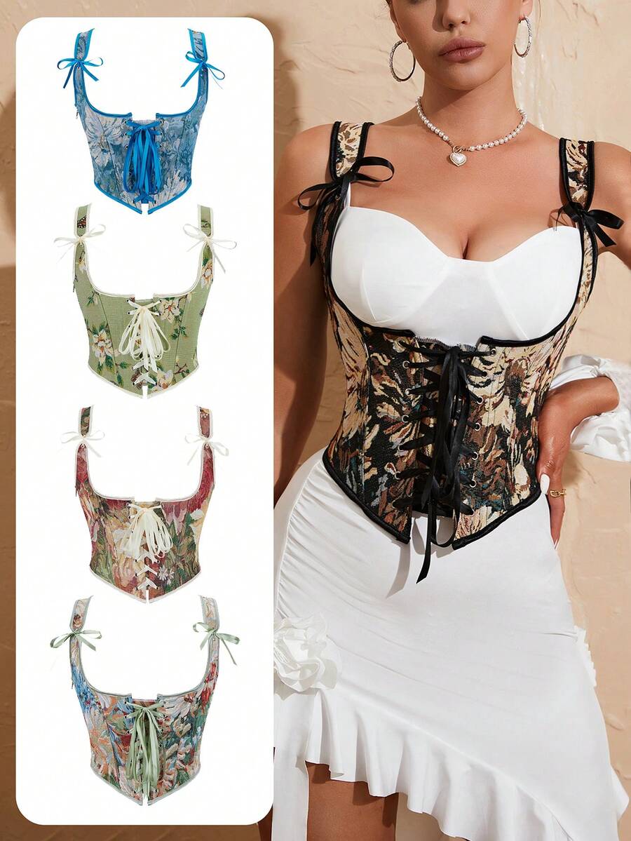 Áo hai dây buộc eo họa tiết hoa retro dành cho nữ, thích hợp cho tiệc năm mới, ngày Valentine, các dịp lễ hội. - Nhiều màu - Xem 1