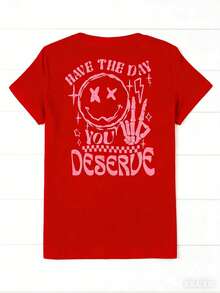 Women's 'Have A Day You Deserve' Graphic T-Shirt - Black, Breathable Short Sleeve Crew Neck Top With Happy Face And Letter Design, Casual Summer Wear - 紅色 - 查看 3