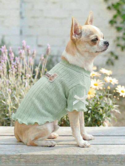 1pc Pet Clothes, Outdoor & Indoor Apparel For Small Dogs & Puppies, European & Korean Style Casual Cute Comfortable Ruffled Sweater - Green