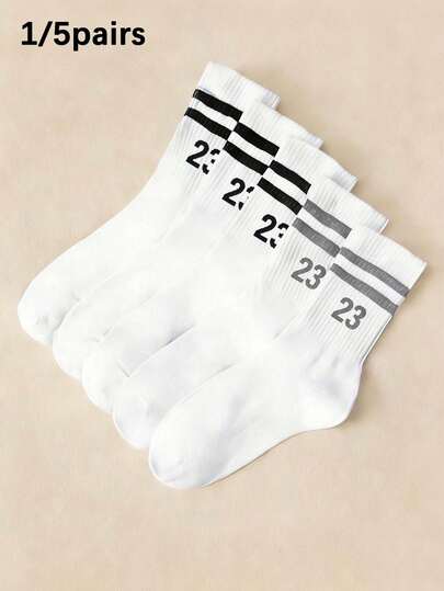 1/5 Pairs Unisex Numeric Striped Pattern Mid-Calf Socks, Soft & Comfortable Casual Versatile Sports Socks, Suitable For Daily Wear, Outdoor, Back To School Season, All Year Round