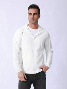 Nova Jaqueta de Verão Masculina, Jaqueta Esportiva Leve de Cor Sólida, Adequada para Ciclismo, Pesca, Camping, Praia, Uso Casual ao Ar Livre e Diário, Moletom Esportivo Masculino, Jaqueta com Capuz Branca para Excursionistas, Jaqueta Esportiva Masculina com Bolsos com Zíper - Branco - Visão 2