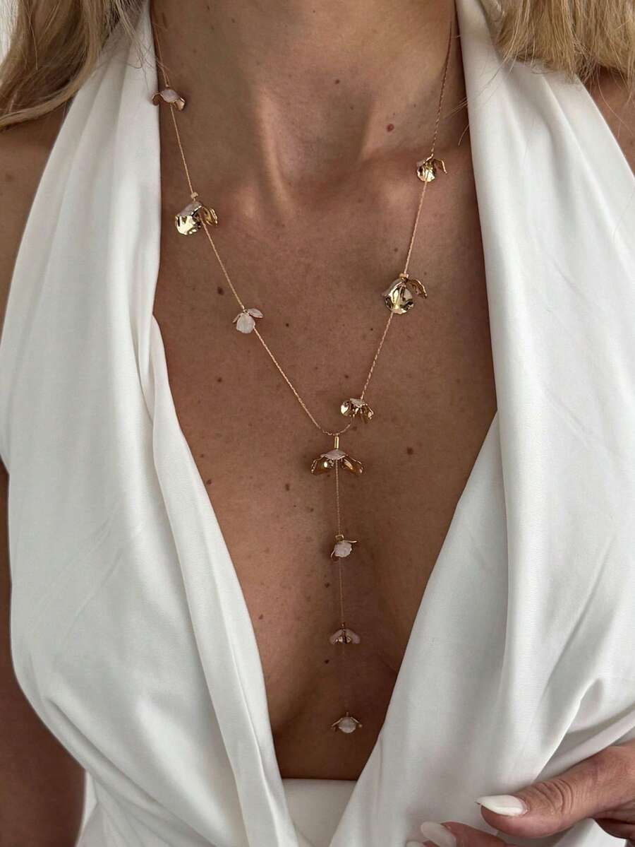 1pc Chic Ins Style Metal Drip Oil Petal Y-Shaped Necklace, Luxury Elegant Long Y-Shaped Clover Asymmetrical Pendant Necklace, Suitable For Women's Daily, Vacation, Party Wear - Gold - View 1