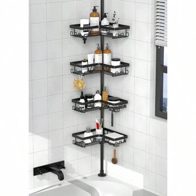 Corner Shower Caddy Tension Pole - Shower Tension Rod Organizer, Floor To Ceiling Shower Caddy 25-114.2 Inch, Towel Rack Corner Waterproof, Black