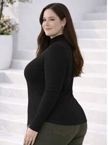 Women's Plus Size Long Sleeve Blouse With Medium High Ribbed Neck, Premium Comfortable Viscose - màu đen - Xem 3