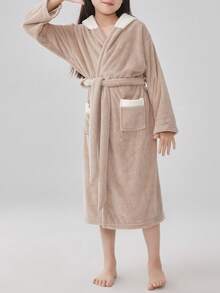 1pc Kids 5-12 Years Soft Coral Fleece Patchwork Bathrobe - Brown - View 3