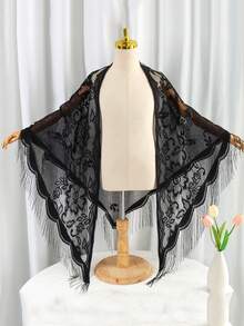 1件装女士新款蕾丝流苏披肩围巾，轻盈透气纯色三角围巾，可作头巾，适用于连衣裙、婚礼、派对、伴娘等场合 - 黑色 - 查看 3