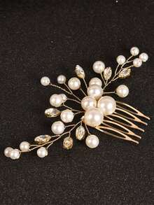 1pc Elegant Handmade Pearl & Hair Comb, Women Bridal Wedding Party Accessory Valentine's Day Accessories - Vàng - Xem 5