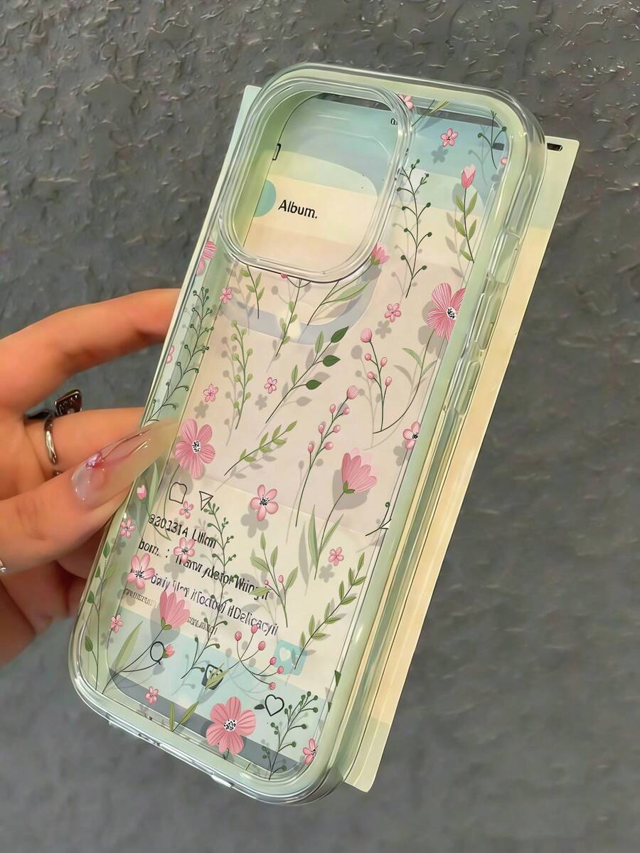 Flower 1pc Green Floral Print 2-In-1 Shockproof Soft Phone Case Compatible With Apple 17/17Pro/17ProMax/16/16Pro/16ProMax/15/15Pro/15ProMax/14/13/12/11 - Green 1 - View 1