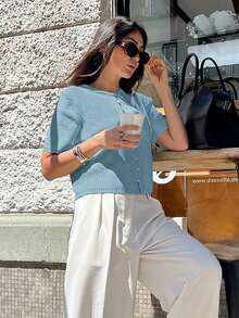 Round Neck Solid Color Pearl Button Short Sleeve Casual Versatile Knit Cardigan, Loose Fit, Suitable For Daily Wear Spring - Pastel Blue - View 3