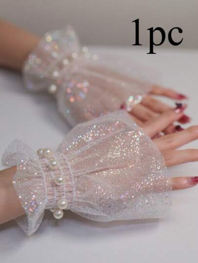 1pc White Pearl Mesh Nail Art Decorative Fake Sleeve, Suitable For Photography And Nail Art Display, Elegant Lace Trim Short Sleeve, Ins Style Nail Art Prop, European Ruffle Sleeve, Suitable For Nail Salon Photography And Display, Japanese Lace Decor