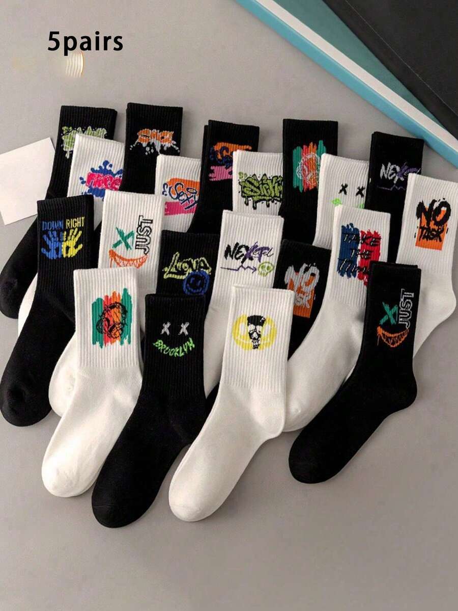 5 Pairs Random Ghost Face Print Thin Crew Socks For Men, Suitable For Daily Wear, Black & White, Summer - Multicolor - View 1