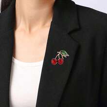 Vintage Elegant Cherry Shaped Brooch With Rhinestone Decor, Fashion Accessory For Women - Red - View 5
