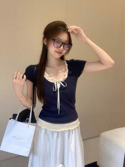 夏季扎染撞色二合一短袖T恤，荷叶边下摆修身纹理女式衬衫