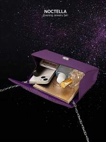 Noctella Elegant Ruched Solid Colour Evening Clutch, Stylish Women's Party Envelope Purse, Paired With A Luxurious Sparkling Rhinestone Jewellery Set Of Three Pieces, Including A Sparkling Rhinestone Necklace, Earrings, And Bracelet, Suitable For Dinners, Parties, And Balls - Purple - View 6