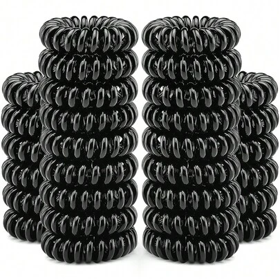 30pcs Spiral Headband, (Bright Black) Elastic Coil For Women's And Girls' Hair, Waterproof Telephone Line Headband For Ponytails