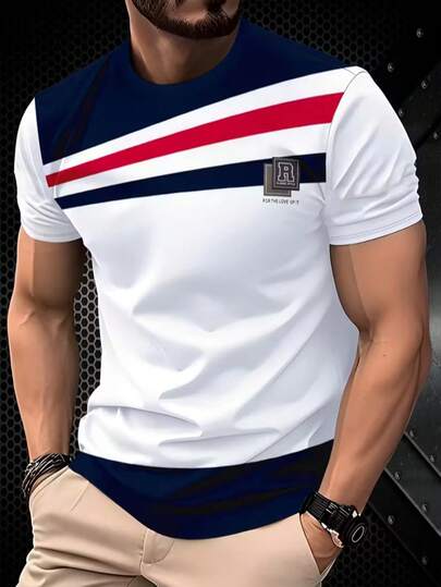 男士圆领3D数码印花图案T恤，运动设计，透气面料，印花T恤，成人服装，时尚，清凉舒适，弹力圆领短袖T恤，常规版型，适合春、夏、秋季穿着。