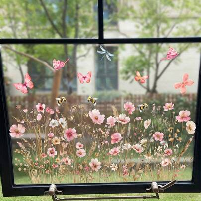 蝴蝶与野花窗贴 – 可重复使用的静电吸附贴纸，带有蜜蜂和蜻蜓图案，适用于婴儿房、游戏室和卧室，不伤墙面装饰