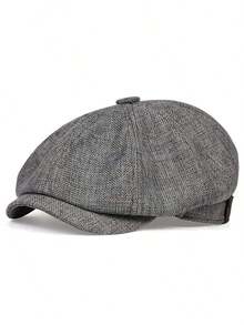 1pc Men's Solid Color Linen Newsboy Cap, Casual Outdoor Hat Suitable Spring, Autumn, Travel, Beach, Party - 深灰色 - 查看 6