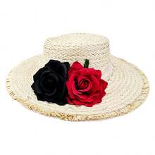 Women's Summer Straw Hat Wide Brim Beach Cap Lightweight Sun Hat With Black And Red Flowers - trắng - Xem 3
